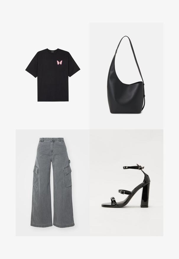 Black cotton t-shirt with short sleeves, featuring a small pink butterfly graphic on the left chest. Crew neck design with a relaxed fit.; Gray wide-leg cargo pants made of cotton, featuring two side cargo pockets and a high waist, with a smooth, slightly textured finish.; Black patent heeled sandals with a square toe, ankle straps, and silver buckles. Features a chunky block heel for stability.; Black leather hobo bag with a smooth texture, curved shape, and single adjustable strap; features a wide opening at the top.