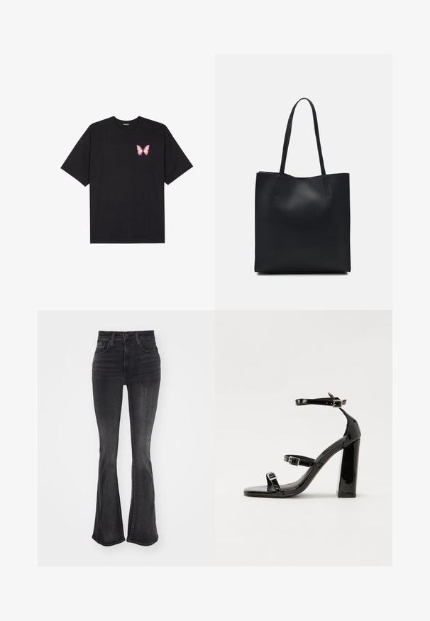 Black cotton t-shirt with short sleeves, featuring a small pink butterfly graphic on the left chest. Crew neck design with a relaxed fit.; Levi's® TWISTED 725 - Bootcut jeans - shining brighter; Black patent heeled sandals with a square toe, ankle straps, and silver buckles. Features a chunky block heel for stability.; Black leather tote bag with smooth texture, rectangular shape, and two long handles. No visible hardware or embellishments.