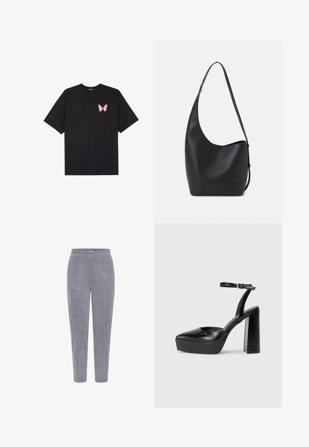 Juodas medvilnės marškinėliai trumpomis rankovėmis, su maža rožine drugelio grafika kairėje krūtinės pusėje. Apvalus kaklo iškirpimas, laisvas kirpimas.; Navy ir baltos spalvų houndstooth rašto kelnės, pasižyminčios tekstūruota medžiaga, elastinga juosmens juosta ir siaurėjanti kojų forma.; Juodi platforminiai aukšti kulniukai su smailiu kojų pirštu ir reguliuojamu kulkšnies dirželiu. Pagaminti iš lygaus odos, turi masyvų blokinį kulną.; Juodas odinis hobo maišas su lygiu paviršiumi, kreipta forma ir viena reguliuojama rankena; turi platų atidarymą viršuje.