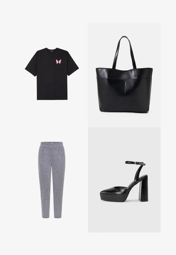 Černé bavlněné tričko s krátkým rukávem, na levém prsou s malou grafikou růžové motýlky. Design s kruhovým výstřihem a volným střihem.; Kalhoty s houndstooth vzorem v námořnické modré a bílé barvě, vyrobené z texturované látky, s elastickým pasem a tapered střih.; Černé platformové podpatky s špičatou špičkou a nastavitelným kotníkovým popruhem. Vyrobeny z hladké kůže, s masivním blokovým podpatkem.; Černá kožená taška s dlouhými ušima, hladkým povrchem a strukturovaným tvarem. Obsahuje přední kapsu pro další úložný prostor.