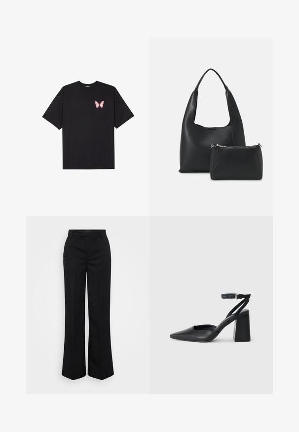 Camiseta de algodón negra de manga corta, con un pequeño gráfico de mariposa rosa en el lado izquierdo del pecho. Diseño de cuello redondo con un corte relajado.; Gina Tricot Tall STRAIGHT TROUSERS - Pantalones - black; Zapato de tacón puntiagudo de cuero negro con tira en el tobillo y tacón ancho. Textura plana, diseño elegante y estética minimalista.; Even&Odd SET - Bolso de mano - black