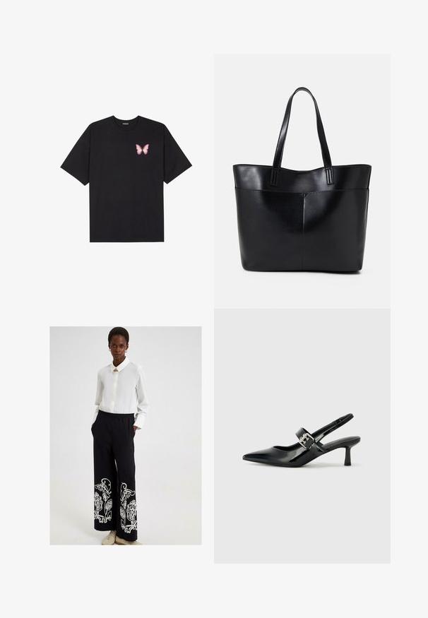 Crna pamučna majica s kratkim rukavima, s malim grafičkim prikazom ružičaste vjetricaste s desne strane na prsima. Dizajn s okruglim izrezom i opuštenim krojem.; Touché Privé EMBROIDERED - Hlače - black; Crne lakirane slingback potpetice s oštrim prstom i malom blok petom, s naglaskom na srebrnoj kopči na remenu.; Crna kožna torba s dugim ručkama, glatkom teksturom i strukturiranim oblikom. Ima prednju džep za dodatno pohranu.