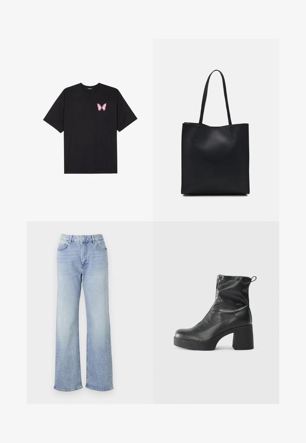 Melna kokvilnas T-krekls ar īsām piedurknēm, kuram priekšā kreisajā pusē ir neliels rozā tauriņa grafiskais attēls. Ar apaļu kaklu un brīvā stila piegriezumu.; Gai zili džinsi ar platām kājām, izgatavoti no denima, ar augsta vidukļa jostu, piecām kabatām un apmali ar vieglu nolietojumu.; Melni potītes zābaki, kas izgatavoti no gludas ādas, ar sānu rāvējslēdzēju, masīvu strukturētu papēdi un noapaļotu purngalu.; Melnas ādas somiņa ar gludu tekstūru, taisnstūra formu un divām garām rokturiem. Nav redzamu aparatūras vai rotājumu.