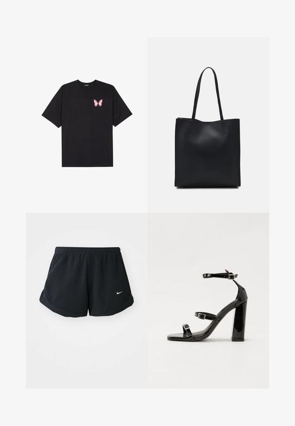 T-shirt de algodão preto com mangas curtas, apresentando um pequeno gráfico de borboleta rosa no lado esquerdo do peito. Design de gola redonda com um corte solto.; Calções de treino pretos com textura canelada, cintura elástica, bainhas curvadas e um pequeno logótipo branco da Nike no lado inferior.; Sandálias pretas de verniz com salto alto, duas fivelas, biqueira quadrada e salto largo, apresentando uma textura lisa e brilhante.; Bolsa tote preta em couro com textura lisa, forma retangular e duas alças longas. Sem hardware ou enfeites visíveis.