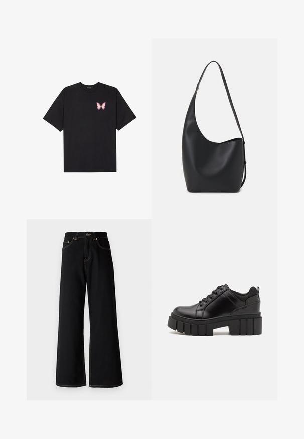 Črna bombažna majica s kratkimi rokavi, ki ima majhen roza metuljček na levi strani prsnega dela. Majica s krožnim ovratnikom in sproščenim krojem.; Črne široke jeans hlače iz denima, z kontrastnim rumenim šivanjem, petimi žepi in zapiranjem na gumb pri pasu.; Črne usnjene platforme z debelim blokastim petam, okroglo konico in klasičnim vezanjem. Imajo gladko teksturo in minimalne podrobnosti.; Črna usnjena hobo torba z gladko teksturo, ukrivljeno obliko in eno nastavljivo naramnico; ima širok odprtina na vrhu.