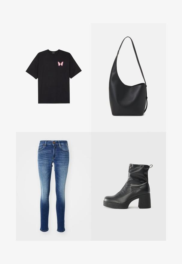 Fekete pamut póló rövid ujjakkal, bal mellkason egy kis rózsaszín pillangó grafikával. Kerek nyakú kialakítás, laza fazonnal.; Karcsú farmernadrág, gradiens kék denim anyagból, öt zsebbel, gombos záródással és finom kopással a bokáknál. Klasszikus dizájn.; Fekete bokacsizmák sima bőrből, oldalsó cipzárral, vastag, texturált sarkú és lekerekített orrú dizájnnal.; Fekete bőr hobo táska sima textúrával, ívelt formával és egyetlen állítható pánttal; széles nyílás található a tetején.