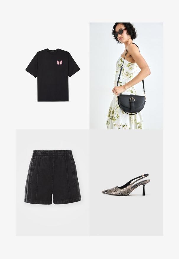 Juodas medvilnės marškinėliai trumpomis rankovėmis, su maža rožine drugelio grafika kairėje krūtinės pusėje. Apvalus kaklo iškirpimas, laisvas kirpimas.; Juodi džinsiniai šortai su elastingu juosmeniu, šoninėmis užtrauktukų kišenėmis ir kontrastingomis šoninėmis juostomis. Su nusidėvėjusia tekstūra ir virš kelio ilgio.; V-formos slingback batai, pagaminti iš tekstūruoto gyvatės odos raštų, su siauru juodu kulnu ir išpjova šonuose.; Juodas odinis krepšys su išlenkta forma, nuimamu dirželiu ir auksiniais detalėmis. Krepšys turi kilpą su sagtimi.