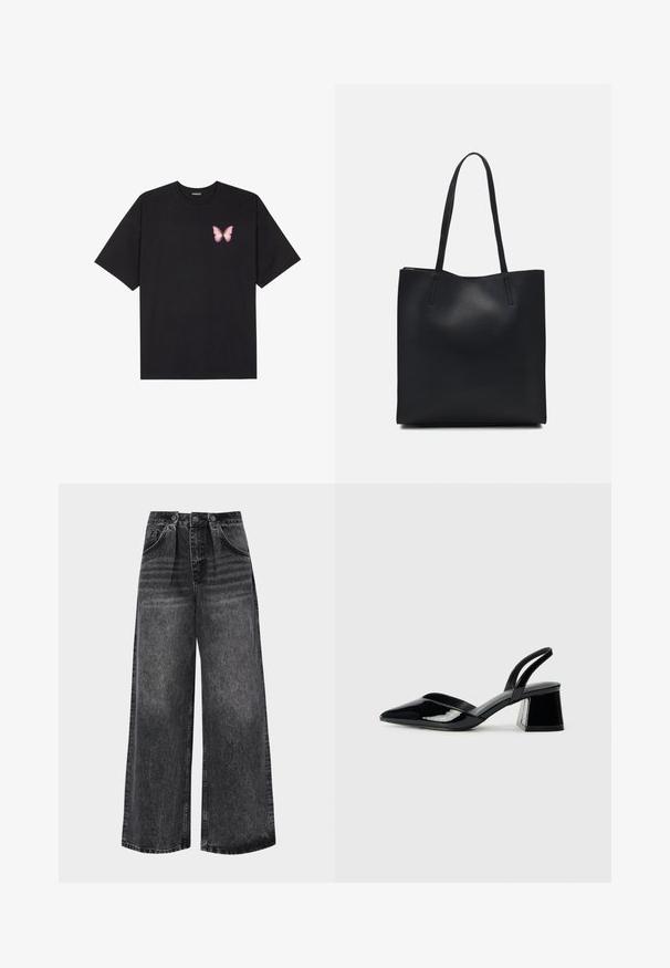 Black cotton t-shirt with short sleeves, featuring a small pink butterfly graphic on the left chest. Crew neck design with a relaxed fit.; Wide-leg black denim pants with a high waist, featuring pleats, side pockets, and subtle fading for texture. Metal button closure.; Black patent leather slingback heels with a pointed toe and a geometric block heel. Features a sleek, minimal design and smooth texture.; Black leather tote bag with smooth texture, rectangular shape, and two long handles. No visible hardware or embellishments.