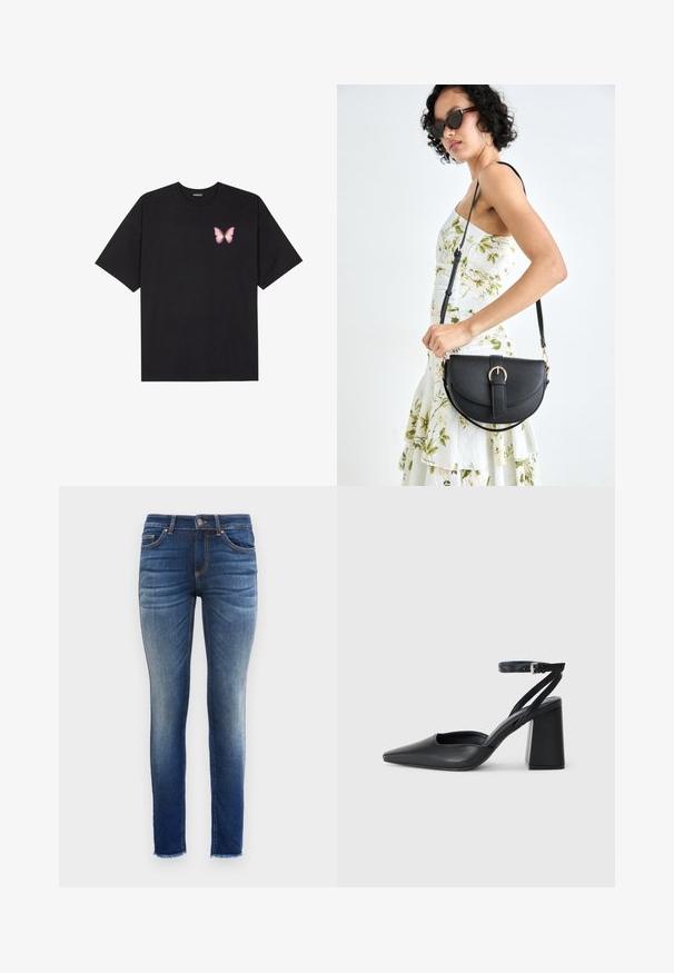 Fekete pamut póló rövid ujjakkal, bal mellkason egy kis rózsaszín pillangó grafikával. Kerek nyakú kialakítás, laza fazonnal.; Farmerekből készült skinny farmernadrág, sötét kéktől világoskékig terjedő gradiens mosással, öt zsebes kialakítással és peremezett szegéllyel a bokáknál.; Fekete bőr, hegyes orrú magassarkú cipő boka pánttal és vastag sarokkal. Sima textúra, elegáns dizájn és minimális esztétika.; Fekete bőrtáska ívelt formával, levehető pánttal és arany színű fémrészekkel. A táskán egy csattal díszített fedél található.; Három fülbevalópár: nagy fehér gyöngy fülbevalók, arany karika fülbevalók, tiszta drágakövekkel, és két hosszú, egyenes arany akcentus fülbevaló csillogó részletekkel.