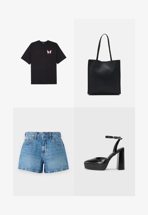 Must muströöpidega must puuvillane T-särk, vasakul rinnal on väike roosa liblikas. Ümar kaelus ja vabalt istuv lõige.; Heledad teksapüksid helesinisel pesul, kõrge vöökohaga, traditsioonilise viie tasku kujundusega ja kontrastsete õmblustega, mis lisavad detailset tekstuuri.; Mustad platvormi kontsad terava ninaga ja reguleeritava pahkluuraamiga. Valmistatud siledast nahast, funktsioneerib massiivse plokknäheeliga.; Mustast nahast kott sujuva tekstuuriga, ristkülikukujuline ja kahe pika sangaga. Pole nähtavat riistvara ega kaunistusi.