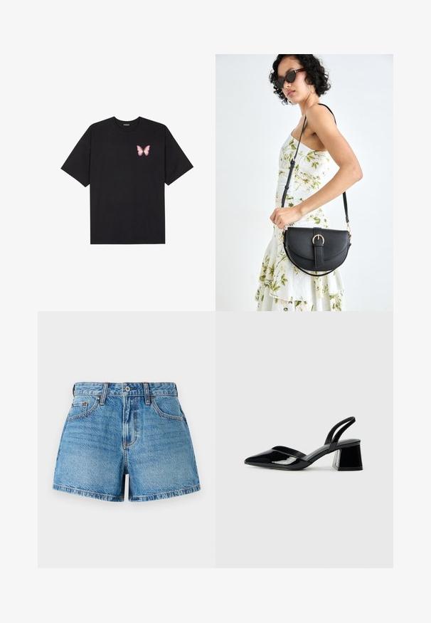 Black cotton t-shirt with short sleeves, featuring a small pink butterfly graphic on the left chest. Crew neck design with a relaxed fit.; Denim shorts in light blue wash, featuring a high waist, traditional five-pocket design, and contrasting stitching for detailed texture.; Black patent leather slingback heels with a pointed toe and a geometric block heel. Features a sleek, minimal design and smooth texture.; Black leather handbag with a curved shape, detachable strap, and gold hardware. The bag features a flap with a buckle detail.