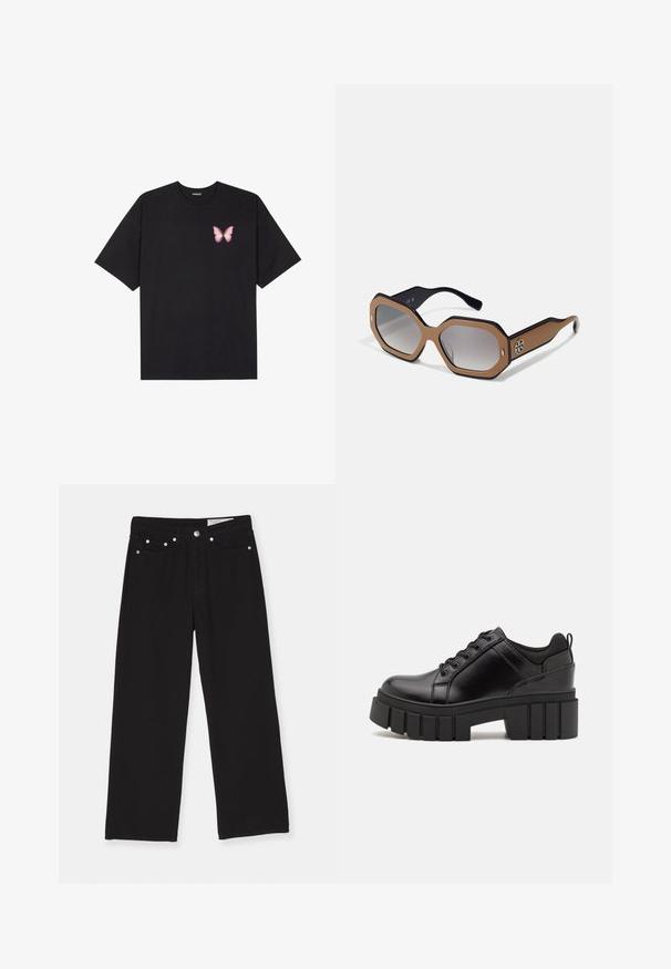 Black cotton t-shirt with short sleeves, featuring a small pink butterfly graphic on the left chest. Crew neck design with a relaxed fit.; Black wide-leg jeans made of denim, featuring a five-pocket design, button closure, and metal hardware accents. Textured fabric with a smooth finish.; Black leather platform shoes with a chunky block heel, round toe, and traditional lace-up design. Features smooth texture and minimal detailing.; Octagonal sunglasses with a brown and black color scheme, gradient lenses, and a logo accent on the side. Constructed from plastic material.; Beige handbag made of soft material, featuring a slouchy design, stitched detailing, and two shoulder straps. Suitable for everyday use.