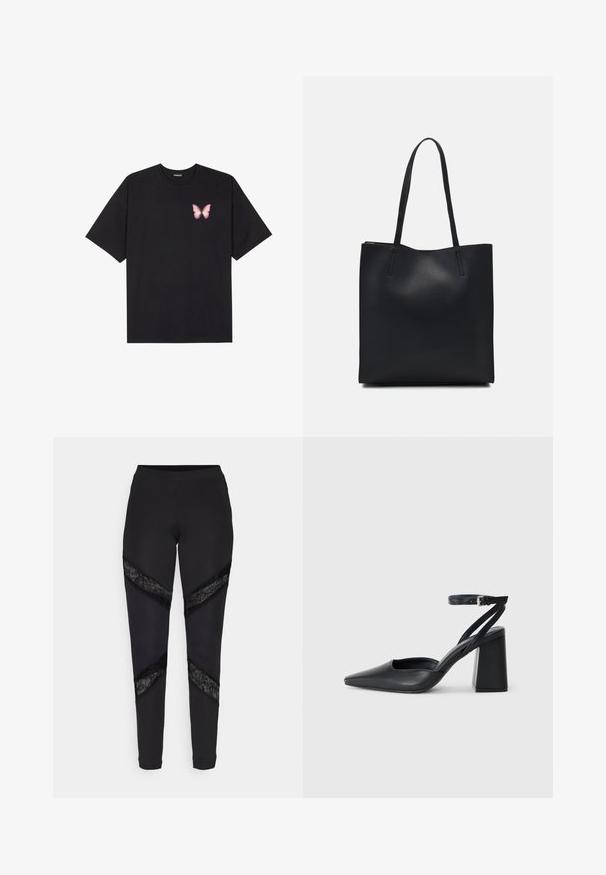 Svart bomulls T-skjorte med korte ermer, med en liten rosa sommerfugl grafikk på venstre bryst. Crew-neck design med en avslappet passform.; Svart leggings med trekantede utsnitt pyntet med svart blonde på sidene, laget av et elastisk stoff med en tettsittende design.; Svart lær pumps med spiss tå, ankelrem og kraftig hæl. Flat tekstur, strømlinjeformet design og minimalisme.; Svart lær tote bag med glatt tekstur, rektangulær form og to lange håndtak. Ingen synlige deler eller dekorasjoner.