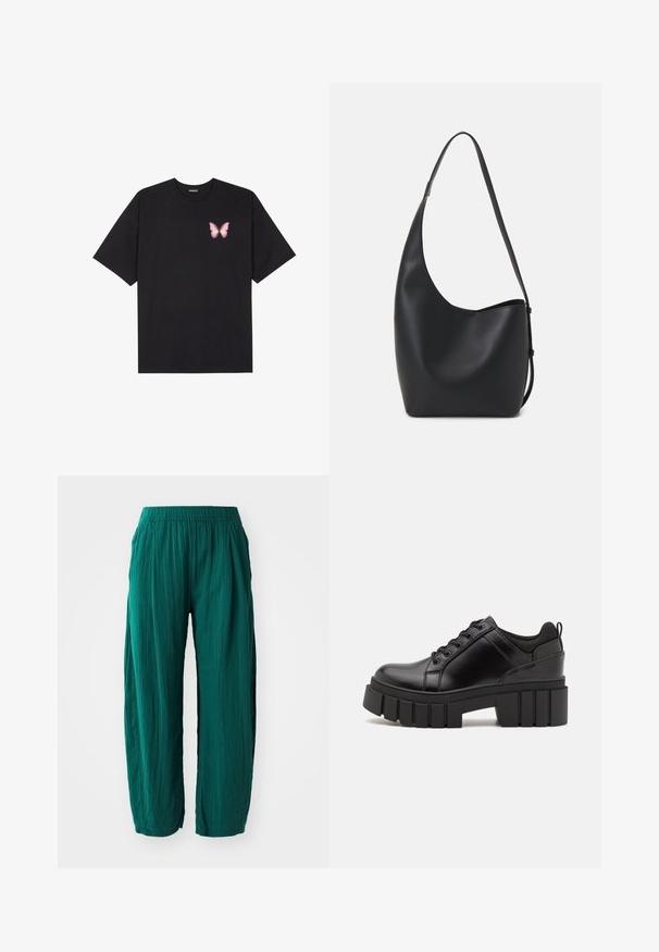 Fekete pamut póló rövid ujjakkal, bal mellkason egy kis rózsaszín pillangó grafikával. Kerek nyakú kialakítás, laza fazonnal.; GAP WIDE LEG EASY PANT GAUZE - Nadrágok - rain forest; Fekete bőr platform cipők vaskos blokk sarkakkal, kerek orral és hagyományos fűzős kialakítással. Simára csiszolt felület és minimális részletezés jellemzi.; Fekete bőr hobo táska sima textúrával, ívelt formával és egyetlen állítható pánttal; széles nyílás található a tetején.