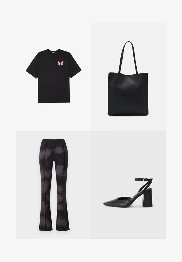 T-shirt de algodão preto com mangas curtas, apresentando um pequeno gráfico de borboleta rosa no lado esquerdo do peito. Design de gola redonda com um corte solto.; Calças pretas com efeito boca de sino, apresentando um padrão tie-dye subtil em tons de cinza escuro, feitas de um tecido suave com uma textura lisa e uma cintura elástica.; Sandal com biqueira afilada em couro preto, com cinta no tornozelo e salto grosso. Textura lisa, design elegante e estética minimalista.; Bolsa tote preta em couro com textura lisa, forma retangular e duas alças longas. Sem hardware ou enfeites visíveis.