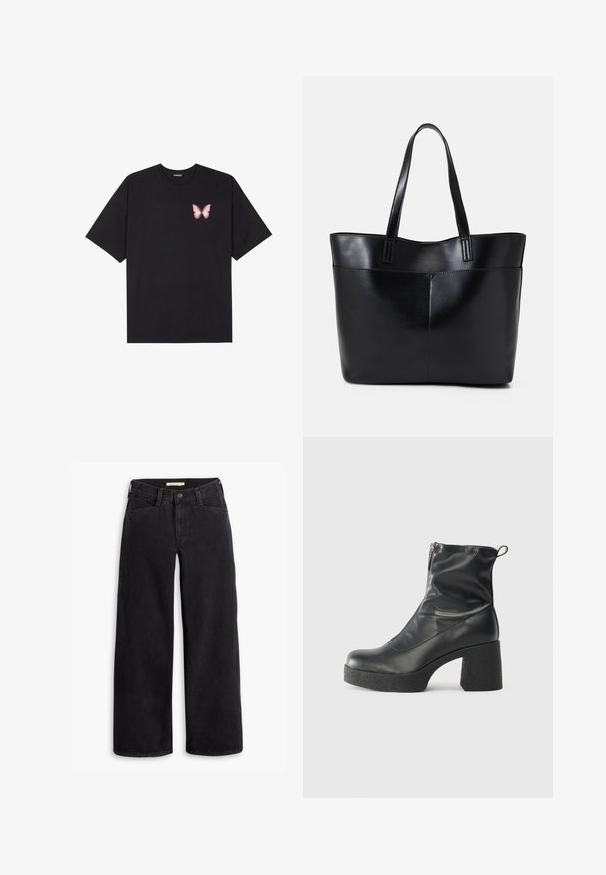 Črna bombažna majica s kratkimi rokavi, ki ima majhen roza metuljček na levi strani prsnega dela. Majica s krožnim ovratnikom in sproščenim krojem.; Črne široke jeans hlače iz denima. Imajo visok pas, sprednje žepke in zadrgo z gumbom za zapiranje. Gladka tekstura.; Črne gležnjarje iz gladke kože z božnim zadrgo, masivnim teksturiranim peto in zaobljeno obliko prstov.; Črna usnjena torba z dvema dolgima ročajema, gladko teksturo in strukturirano obliko. Ima sprednji žep za dodatno shranjevanje.