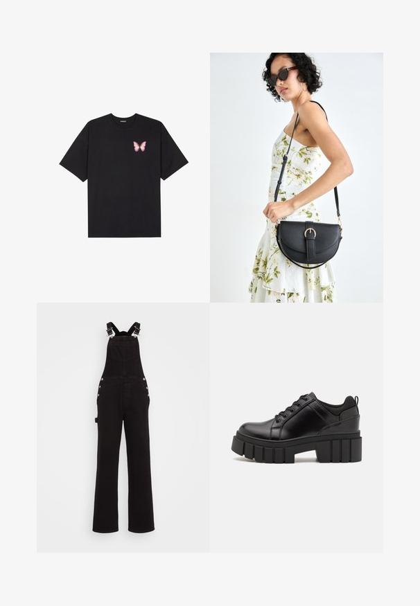 T-shirt en coton noir à manches courtes, avec un petit graphique de papillon rose sur la poitrine gauche. Modèle à col rond avec une coupe décontractée.; Salopette en denim noir avec jambes larges, bretelles réglables, boutons sur les côtés et poches avant. Texture lisse et tissu résistant.; Chaussures à plateforme en cuir noir avec un talon bloc épais, bout rond et un design traditionnel à lacets. Elles présentent une texture lisse et un détail minimal.; Sac à main en cuir noir avec une forme courbée, bandoulière amovible et des accessoires en or. Le sac est doté d'un rabat avec un détail de boucle.