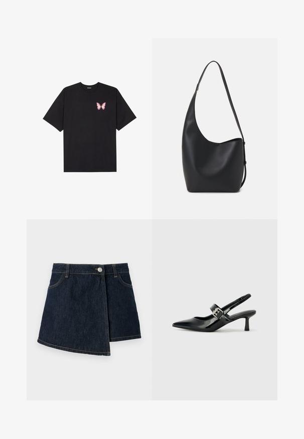 Juodas medvilnės marškinėliai trumpomis rankovėmis, su maža rožine drugelio grafika kairėje krūtinės pusėje. Apvalus kaklo iškirpimas, laisvas kirpimas.; Tamsiai skalbta džinsinė sijonas su A-formos siluetu, priekyje užsegamas mygtukais, su subtiliomis siuvimo detalėmis. Yra šoninės apvijos dizainas.; Juodai lakuoti slingback aukštakulniai su smailiu kojų pirštu ir mažais blokiniais kulniukais, su sidabro sagtimi ant dirželio.; Juodas odinis hobo maišas su lygiu paviršiumi, kreipta forma ir viena reguliuojama rankena; turi platų atidarymą viršuje.