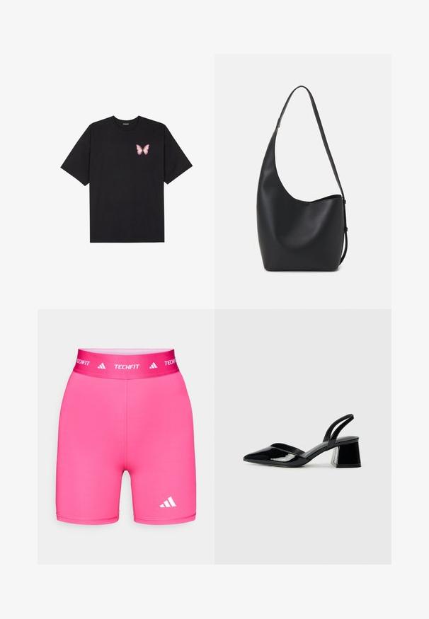 Black cotton t-shirt with short sleeves, featuring a small pink butterfly graphic on the left chest. Crew neck design with a relaxed fit.; Pink athletic shorts made of stretchy material, featuring a wide waistband with "TECHFIT" branding and a small white logo on the leg.; Black patent leather slingback heels with a pointed toe and a geometric block heel. Features a sleek, minimal design and smooth texture.; Black leather hobo bag with a smooth texture, curved shape, and single adjustable strap; features a wide opening at the top.