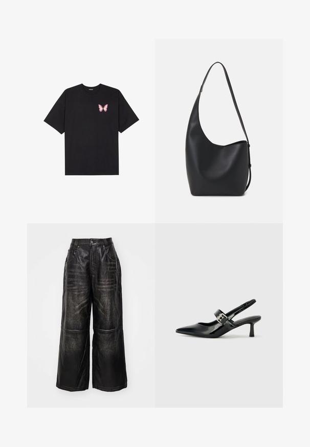 Black cotton t-shirt with short sleeves, featuring a small pink butterfly graphic on the left chest. Crew neck design with a relaxed fit.; Black wide-leg pants made of leather with a slight sheen. Features stitched detailing and front pockets, finished with a button and zipper.; Black patent leather slingback heels with a pointed toe and a small block heel, featuring a silver buckle accent on the strap.; Black leather hobo bag with a smooth texture, curved shape, and single adjustable strap; features a wide opening at the top.