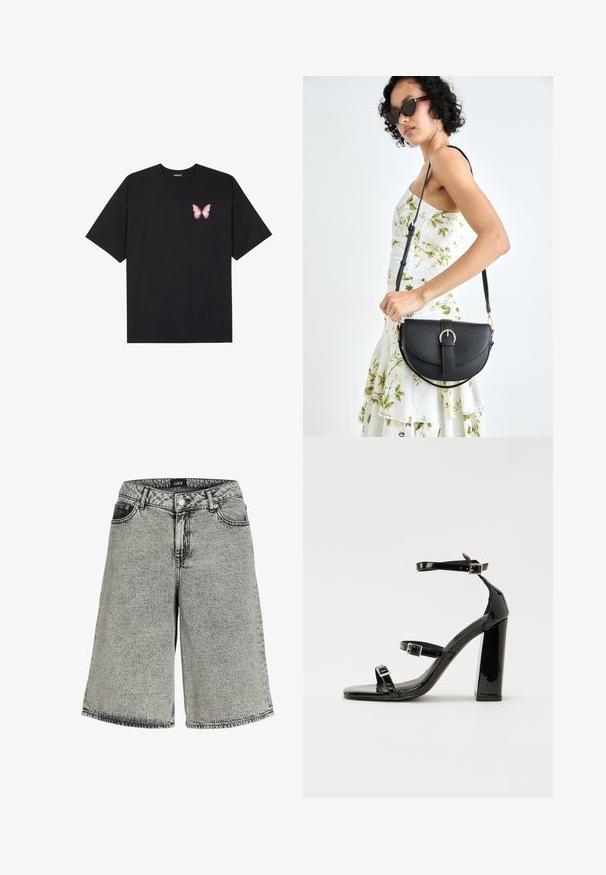 Fekete pamut póló rövid ujjakkal, bal mellkason egy kis rózsaszín pillangó grafikával. Kerek nyakú kialakítás, laza fazonnal.; Fekete, elhalványodott farmer sort, laza fitszel, magas derékkal, öt zsebes dizájnnal és látható varrási részletekkel.; Fekete lakk magas sarkú szandál két csatos pánttal, négyzet alakú orral és tömzsi blokk sarokkal, sima, fényes felülettel.; Fekete bőrtáska ívelt formával, levehető pánttal és arany színű fémrészekkel. A táskán egy csattal díszített fedél található.
