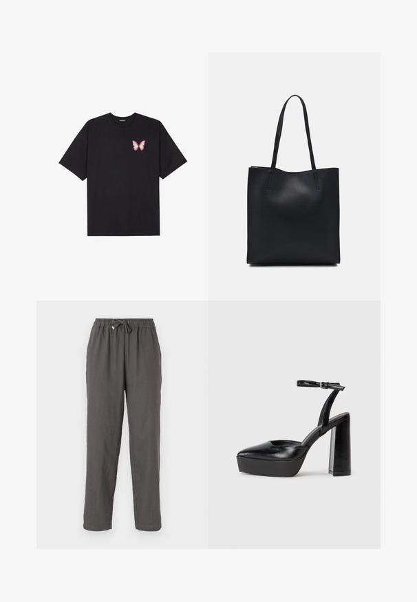 Melna kokvilnas T-krekls ar īsām piedurknēm, kuram priekšā kreisajā pusē ir neliels rozā tauriņa grafiskais attēls. Ar apaļu kaklu un brīvā stila piegriezumu.; Pelēkas lina bikses ar elastīgu jostasvietu, ar aukliņu, taisnas kājas piegriezums un mīksta, teksturēta auduma sastāvs.; Melnas platformas papēžs ar norādītu purngala formu un regulējamu potītes siksniņu. Izgatavotas no gludas ādas, ar masīvu bloku papēdi.; Melnas ādas somiņa ar gludu tekstūru, taisnstūra formu un divām garām rokturiem. Nav redzamu aparatūras vai rotājumu.