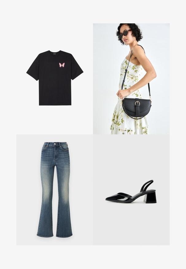 Black cotton t-shirt with short sleeves, featuring a small pink butterfly graphic on the left chest. Crew neck design with a relaxed fit.; Flared blue jeans made of denim, featuring a high waist, light fading, and a straight cut from the hip to the knee, flaring at the hem.; Black patent leather slingback heels with a pointed toe and a geometric block heel. Features a sleek, minimal design and smooth texture.; Black leather handbag with a curved shape, detachable strap, and gold hardware. The bag features a flap with a buckle detail.
