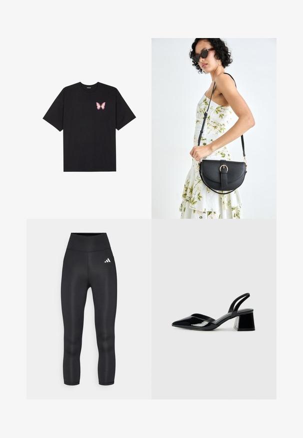 Black cotton t-shirt with short sleeves, featuring a small pink butterfly graphic on the left chest. Crew neck design with a relaxed fit.; Black high-waisted leggings featuring a smooth, stretchy material and a small white Adidas logo on the left hip.; Black patent leather slingback heels with a pointed toe and a geometric block heel. Features a sleek, minimal design and smooth texture.; Black leather handbag with a curved shape, detachable strap, and gold hardware. The bag features a flap with a buckle detail.