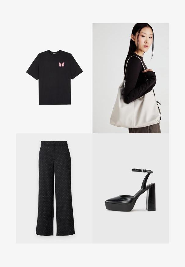 T-shirt de algodão preto com mangas curtas, apresentando um pequeno gráfico de borboleta rosa no lado esquerdo do peito. Design de gola redonda com um corte solto.; Calças largas pretas feitas de tecido com bolinhas brancas. Apresentam uma cintura média e bolsos frontais. Superfície texturizada.; Saltos altos pretos com bico fino e atilho ajustável no tornozelo. Confeccionados em couro suave, apresentam um salto bloco robusto.; Uma bolsa bege feita de material macio, com um design descontraído, detalhes de costura e duas alças para o ombro. Adequada para uso diário.