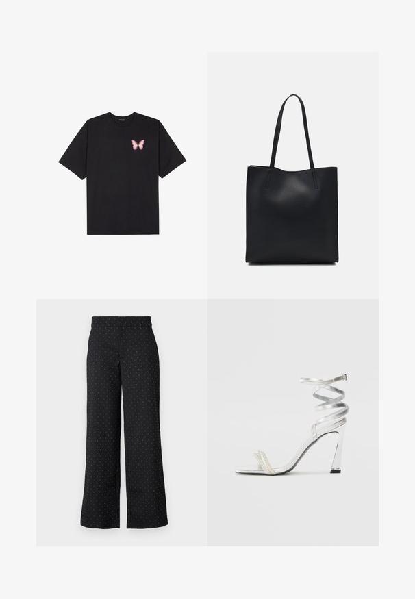 T-shirt de algodão preto com mangas curtas, apresentando um pequeno gráfico de borboleta rosa no lado esquerdo do peito. Design de gola redonda com um corte solto.; Calças largas pretas feitas de tecido com bolinhas brancas. Apresentam uma cintura média e bolsos frontais. Superfície texturizada.; Sandalha de salto alto prateada com um design de tira brilhante, apresentando um detalhe semelhante a uma pérola e uma tira de tornozelo espiralada para um ajuste seguro.; Bolsa tote preta em couro com textura lisa, forma retangular e duas alças longas. Sem hardware ou enfeites visíveis.