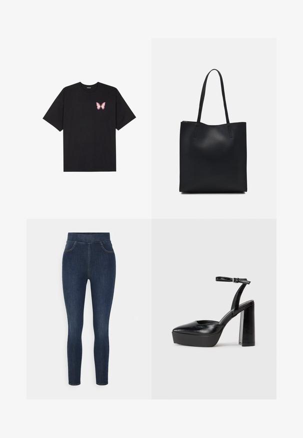 Crna pamučna majica s kratkim rukavima, s malim grafičkim prikazom ružičaste vjetricaste s desne strane na prsima. Dizajn s okruglim izrezom i opuštenim krojem.; Tamno plave traperice jegging s visokim strukom, uskim krojem i suptilnim izbljeđenjem. Uključuju prednje džepove i glatku, mekanu teksturu.; Crne platforme s potpeticom s oštrim vrhom i podešivom naramenicom. Izrađene od glatke kože, s masivnom blok petom.; Crna kožna torba za nošenje s glatkom teksturom, pravokutnim oblikom i dvije duge ručke. Nema vidljivih metalnih dijelova ili ukrasa.
