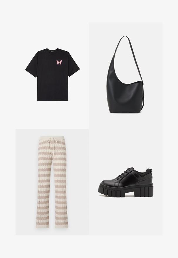 Črna bombažna majica s kratkimi rokavi, ki ima majhen roza metuljček na levi strani prsnega dela. Majica s krožnim ovratnikom in sproščenim krojem.; Pletene lounge hlače s bež in krem vertikalnimi črtami, ki imajo pas na vrvico in odprto pletenino.; Črne usnjene platforme z debelim blokastim petam, okroglo konico in klasičnim vezanjem. Imajo gladko teksturo in minimalne podrobnosti.; Črna usnjena hobo torba z gladko teksturo, ukrivljeno obliko in eno nastavljivo naramnico; ima širok odprtina na vrhu.