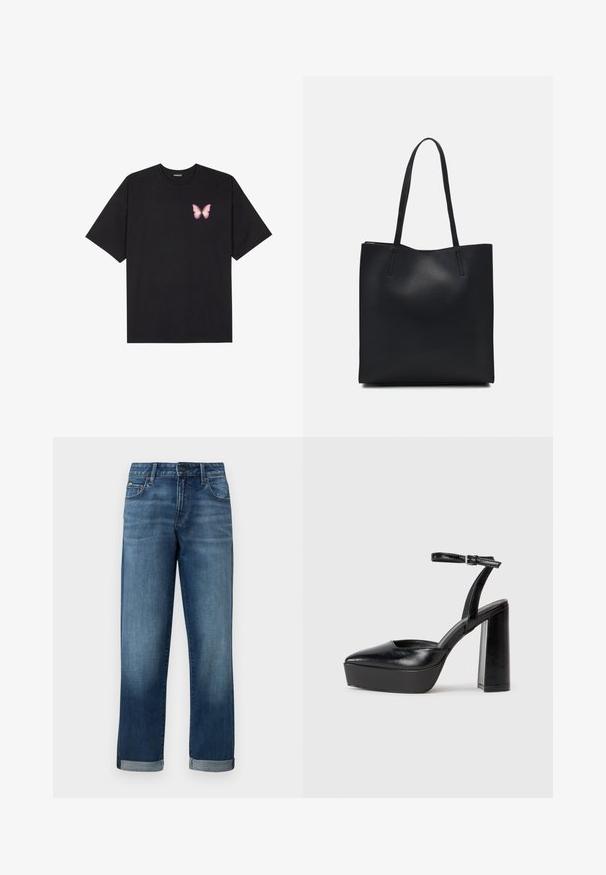 T-shirt de algodão preto com mangas curtas, apresentando um pequeno gráfico de borboleta rosa no lado esquerdo do peito. Design de gola redonda com um corte solto.; Jeans de denim numa lavagem azul média com um corte reto, apresentando punhos dobrados e um desgaste mínimo. Estilo clássico de cinco bolsos.; Saltos altos pretos com bico fino e atilho ajustável no tornozelo. Confeccionados em couro suave, apresentam um salto bloco robusto.; Bolsa tote preta em couro com textura lisa, forma retangular e duas alças longas. Sem hardware ou enfeites visíveis.