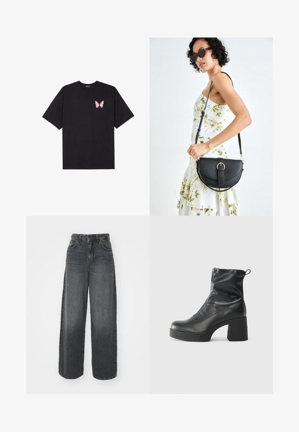Camiseta de algodón negra de manga corta, con un pequeño gráfico de mariposa rosa en el lado izquierdo del pecho. Diseño de cuello redondo con un corte relajado.; LTB OLYA - Vaqueros boyfriend - soline wash; Botines negros de tobillo, hechos de cuero suave, con cierre lateral, tacón grueso texturizado y diseño de punta redondeada.; Bolso de piel negra con forma curva, correa desmontable y herrajes dorados. El bolso cuenta con una solapa con un detalle de hebilla.