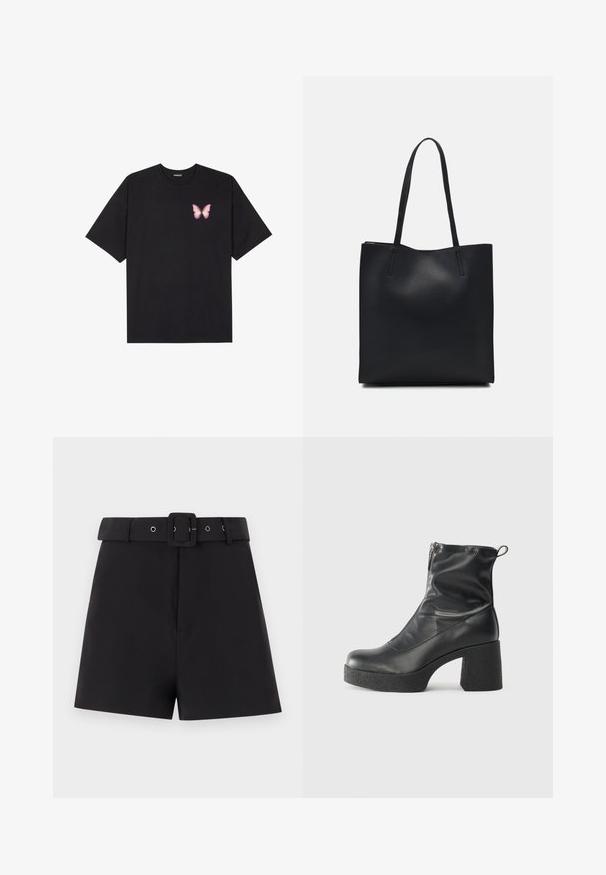 Black cotton t-shirt with short sleeves, featuring a small pink butterfly graphic on the left chest. Crew neck design with a relaxed fit.; Black shorts made of smooth fabric featuring a wide waistband with belt loops and a square buckle closure, designed with a tailored fit.; Black ankle boots made of smooth leather, featuring a side zipper, chunky textured heel, and rounded toe design.; Black leather tote bag with smooth texture, rectangular shape, and two long handles. No visible hardware or embellishments.