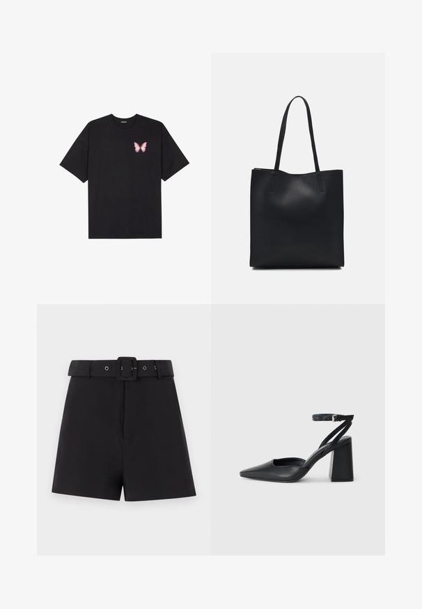 Black cotton t-shirt with short sleeves, featuring a small pink butterfly graphic on the left chest. Crew neck design with a relaxed fit.; Black shorts made of smooth fabric featuring a wide waistband with belt loops and a square buckle closure, designed with a tailored fit.; Black leather pointy-toe pump with an ankle strap and a chunky heel. Flat texture, sleek design, and minimalistic aesthetics.; Black leather tote bag with smooth texture, rectangular shape, and two long handles. No visible hardware or embellishments.