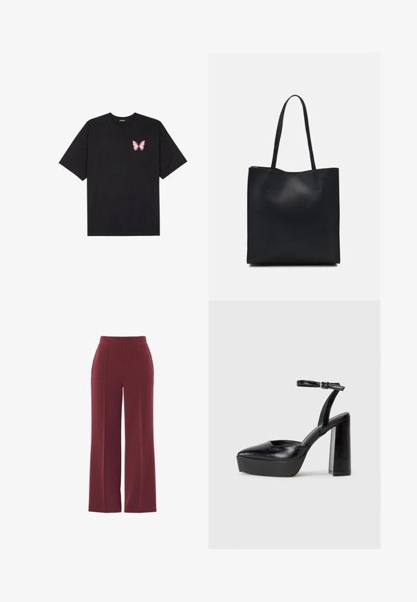 Zwarte katoenen t-shirt met korte mouwen, voorzien van een kleine roze vlinder graphic op de linkerkant van de borst. Crew neck ontwerp met een relaxte fit.; Bordeaux brede broek met een streeppatroon, voorzien van een gladde textuur en een elastische tailleband voor comfort.; Zwarte plateauhakken met een puntige neus en verstelbare enkelband. Gemaakt van soepel leer, met een robuuste blokhak.; Zwarte leren handtas met een gladde textuur, rechthoekige vorm en twee lange handvaten. Geen zichtbare hardware of versieringen.