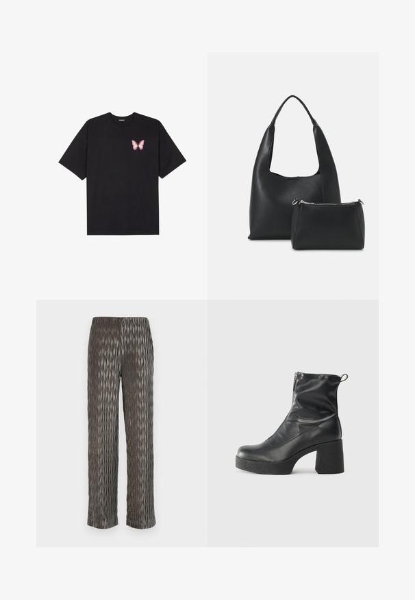 Melna kokvilnas T-krekls ar īsām piedurknēm, kuram priekšā kreisajā pusē ir neliels rozā tauriņa grafiskais attēls. Ar apaļu kaklu un brīvā stila piegriezumu.; Pelēkas locītas plata kāju bikses ar teksturētu dimanta formas rakstu. Mīksts materiāls, elastīga josta un īsa garuma.; Melni potītes zābaki, kas izgatavoti no gludas ādas, ar sānu rāvējslēdzēju, masīvu strukturētu papēdi un noapaļotu purngalu.; Even&Odd Rokassoma - black