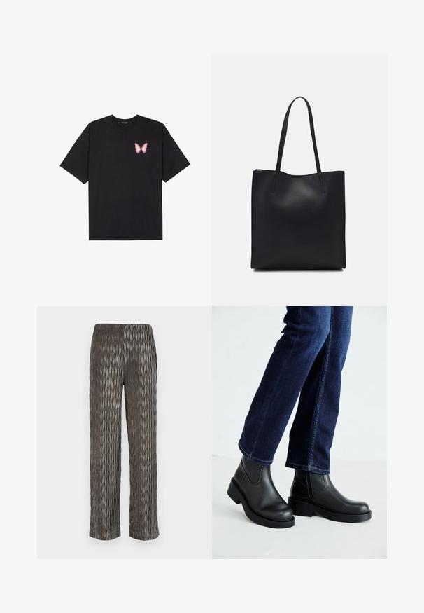 Črna bombažna majica s kratkimi rokavi, ki ima majhen roza metuljček na levi strani prsnega dela. Majica s krožnim ovratnikom in sproščenim krojem.; Sive široke hlače s plisirano oblikovnim vzorcem v obliki diamanta. Mehka tkanina, elastičen pas in skrajšana dolžina.; Črne usnjene gležnjarje z debelim podplatom in stranskimi elastičnimi paneli, v kombinaciji s temno modrimi kavbojkami. Tla so svetle barve.; Črna usnjena torba s svilnato teksturo, pravokotne oblike in dvema dolgima ročajema. Brez vidnih metalnih delov ali okrasnih elementov.