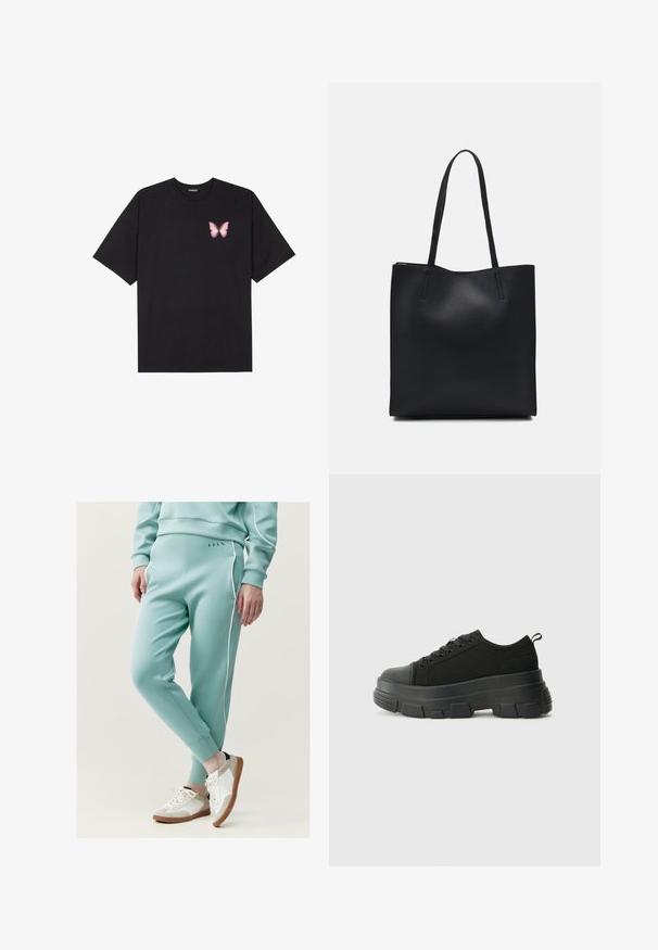 Zwarte katoenen t-shirt met korte mouwen, voorzien van een kleine roze vlinder graphic op de linkerkant van de borst. Crew neck ontwerp met een relaxte fit.; Mintgroene sweatpants met witte zijkantbuisjes, taps toelopende boorden en een gladde textuur. Gekocht met witte en beige sneakers met veters.; Zwarte sneakers met een stevige rubberen zool, textiel bovenwerk, ronde neus en vetersluiting. Beschikt over versterkte oogjes en een trekstrip aan de achterkant.; Zwarte leren handtas met een gladde textuur, rechthoekige vorm en twee lange handvaten. Geen zichtbare hardware of versieringen.