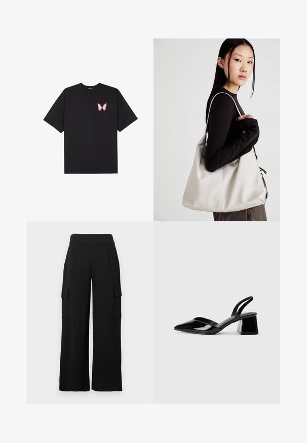 Juodas medvilnės marškinėliai trumpomis rankovėmis, su maža rožine drugelio grafika kairėje krūtinės pusėje. Apvalus kaklo iškirpimas, laisvas kirpimas.; Juodos spalvos kargo kelnės plačiu kojų kirpimu, pagamintos iš lygaus, tampraus audinio. Turi dvi šonines kišenes su atvartais ir aukštą juosmenį.; Juodos lakuotos odinės šlepetės su smailiu pirštu ir geometriniu bloko kulnu. Turi elegantišką, minimalistinį dizainą ir lygų paviršių.; Bežinė rankinė, pagaminta iš minkštos medžiagos, turinti laisvą dizainą, siuvinėtas detalės ir dvi petnešos. Tinkama kasdieniam naudojimui.