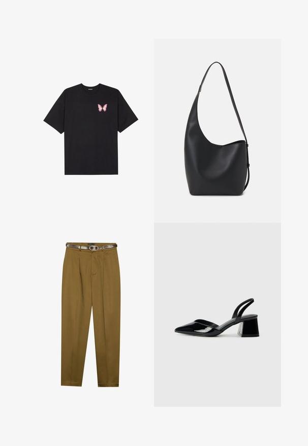 Crna pamučna majica s kratkim rukavima, s malim grafičkim prikazom ružičaste vjetricaste s desne strane na prsima. Dizajn s okruglim izrezom i opuštenim krojem.; Smeđe, krojene hlače s naboranim prednjim dijelom i prilagođenim strukom. Uključeni tamnosmeđi kožni pojas s okruglom kopčom.; Crne lakirane kožne sandale s otvorenom petom i špicastim vrhom, s geometrijskom blok petom. Imaju elegantan, minimalistički dizajn i glatku teksturu.; Crna kožna hobo torba s glatkom teksturom, zakrivljenim oblikom i jednom podesivom trakicom; ima širok otvor na vrhu.