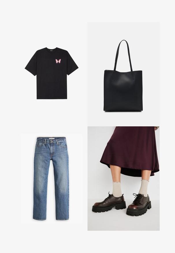 Črna bombažna majica s kratkimi rokavi, ki ima majhen roza metuljček na levi strani prsnega dela. Majica s krožnim ovratnikom in sproščenim krojem.; Svetlo modri jeans, ravna nogavica, srednji pas, pet žepov, tonalne šive in gumbasta zadrga.; Rjave usnjene platforme s debelimi črnimi podplati, v kombinaciji z rebrastimi bež nogavicami s valovitim robom, na zamegljenem ozadju.; Črna usnjena torba s svilnato teksturo, pravokotne oblike in dvema dolgima ročajema. Brez vidnih metalnih delov ali okrasnih elementov.