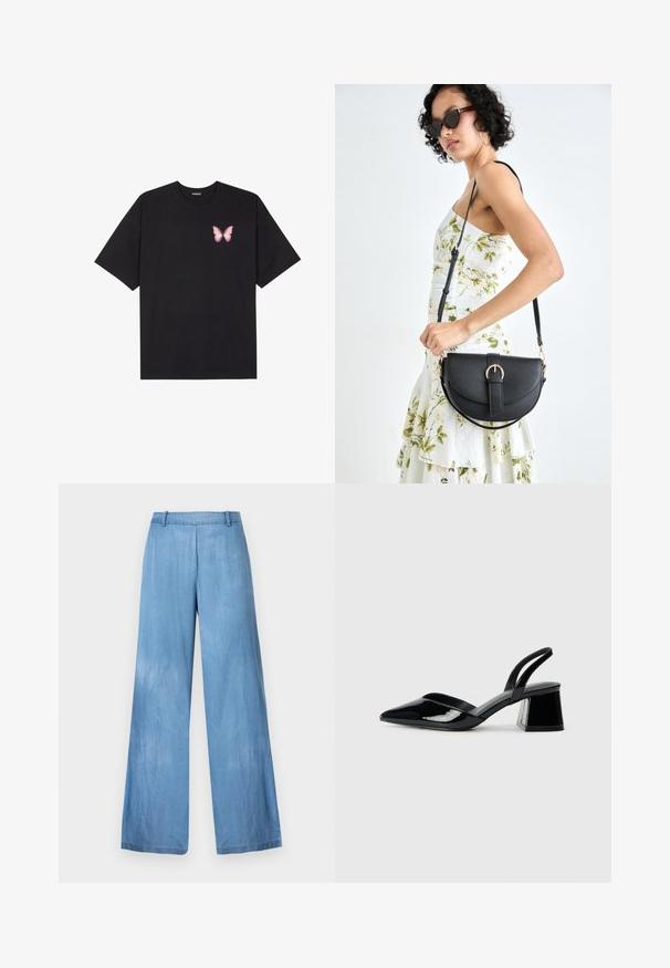 Black cotton t-shirt with short sleeves, featuring a small pink butterfly graphic on the left chest. Crew neck design with a relaxed fit.; Light blue wide-leg jeans made of denim, featuring a high waist, subtle fading, and a clean hem without embellishments or pockets.; Black patent leather slingback heels with a pointed toe and a geometric block heel. Features a sleek, minimal design and smooth texture.; Black leather handbag with a curved shape, detachable strap, and gold hardware. The bag features a flap with a buckle detail.