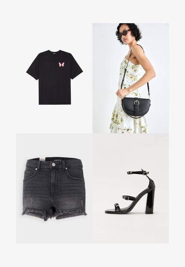 Musta puuvillapaita lyhyillä hihoilla, jossa on pieni vaaleanpunainen perhosgrafiikka vasemmassa rinnassa. Pyöreä kaula-aukko ja rento istuvuus.; Mustat farkkushortsit, joissa on revitty helma, kuluneet yksityiskohdat ja metallinen nappisuljenta. Ominaisuuksina klassinen muotoilu ja viisi taskua.; Musta kiiltävä korkokenkä sandaalit neliönmuotoisella varpaalla, nilkkaremmillä ja hopeisilla soljilla. Varustettu tukevalla lohkokorkealla vakauden takaamiseksi.; Musta nahkainen käsilaukku, joka on kaareva muotoilultaan, irrotettavalla hihnalla ja kultaisilla yksityiskohdilla. Laukussa on läppä, jossa on solk yksityiskohta.