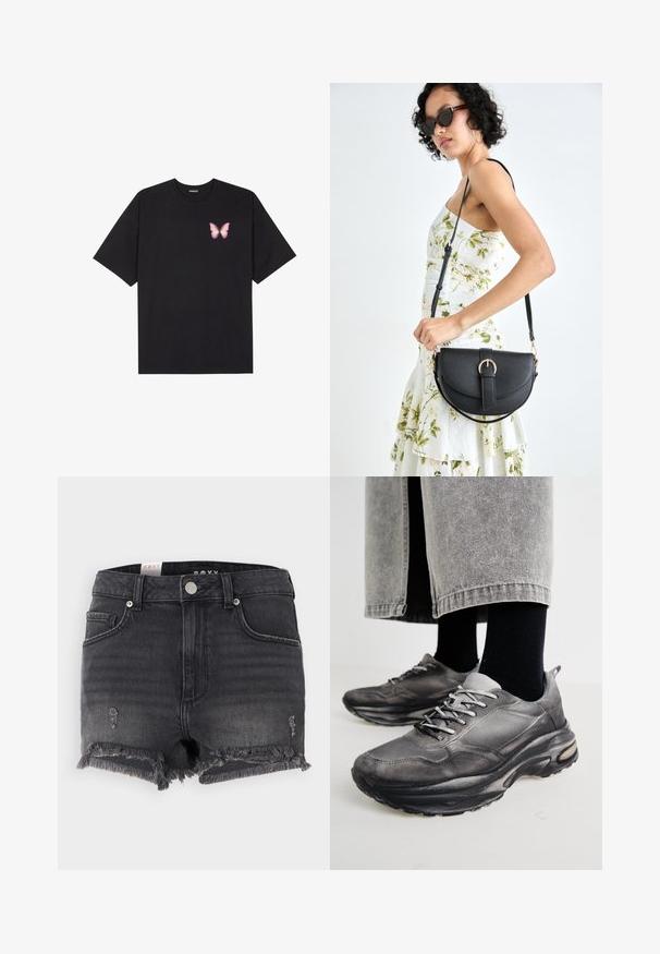 Schwarzes Baumwoll-T-Shirt mit kurzen Ärmeln, das ein kleines pinkes Schmetterlingsmotiv auf der linken Brust zeigt. Crewneck-Design mit einem entspannten Schnitt.; Schwarze Jeans-Shorts mit fransigem Saum, used-Look und metallischem Knopfverschluss. Sie verfügen über ein klassisches Design und einen Fünf-Taschen-Stil.; Schwarze und graue Sportschuhe verfügen über ein Obermaterial aus Mesh, dicke Sohlen und Schnürsenkel. Sie haben eine abgerundete Zehenpartie und sichtbare Dämpfungsdetails.; Schwarze Lederhandtasche mit geschwungener Form, abnehmbarem Tragegurt und goldenen Beschlägen. Die Tasche verfügt über einen Deckel mit einer Schnallen-Details.