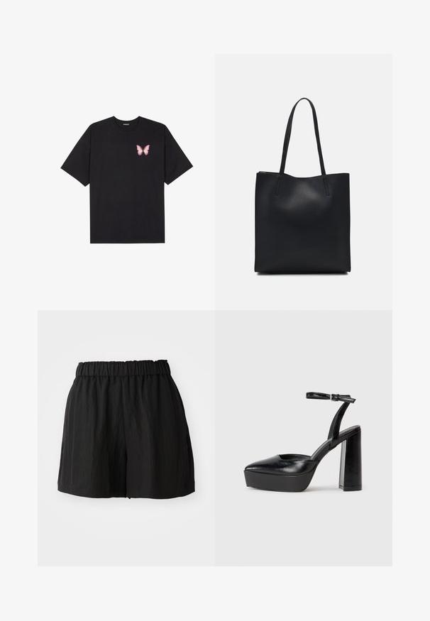 T-shirt de algodão preto com mangas curtas, apresentando um pequeno gráfico de borboleta rosa no lado esquerdo do peito. Design de gola redonda com um corte solto.; Calções pretos com um cós elástico, apresentando um corte solto, textura suave e comprimento até ao joelho. Sem padrões ou elementos em destaque visíveis.; Saltos altos pretos com bico fino e atilho ajustável no tornozelo. Confeccionados em couro suave, apresentam um salto bloco robusto.; Bolsa tote preta em couro com textura lisa, forma retangular e duas alças longas. Sem hardware ou enfeites visíveis.