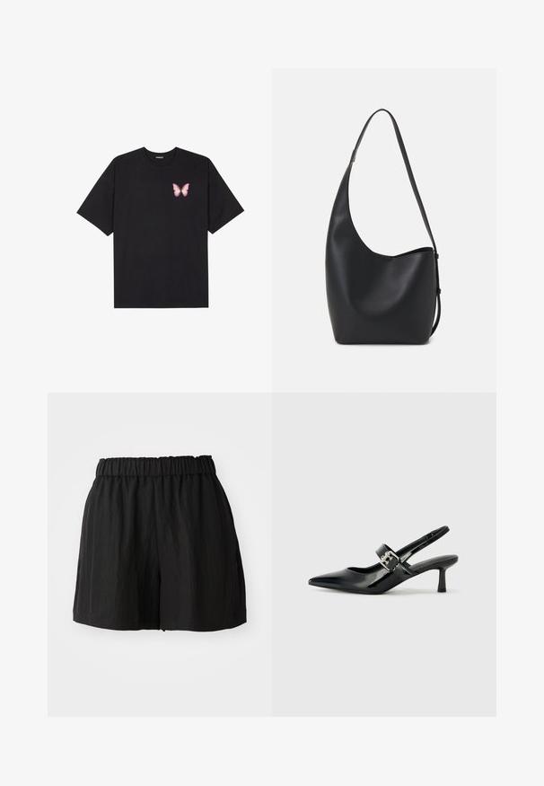 Juodas medvilnės marškinėliai trumpomis rankovėmis, su maža rožine drugelio grafika kairėje krūtinės pusėje. Apvalus kaklo iškirpimas, laisvas kirpimas.; Juodi šortai su elastinga juosta, laisvo kirpimo, lygaus paviršiaus ir iki kelių ilgio. Nėra matomų raštų ar metalinių detalių.; Juodai lakuoti slingback aukštakulniai su smailiu kojų pirštu ir mažais blokiniais kulniukais, su sidabro sagtimi ant dirželio.; Juodas odinis hobo maišas su lygiu paviršiumi, kreipta forma ir viena reguliuojama rankena; turi platų atidarymą viršuje.