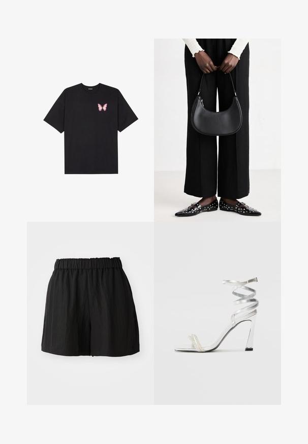 Svart bomulls T-skjorte med korte ermer, med en liten rosa sommerfugl grafikk på venstre bryst. Crew-neck design med en avslappet passform.; Sorte shorts med elastisk talje, som har en løs pasform, glat tekstur og knælang længde. Ingen synlige mønstre eller hardware.; Sølv høyhælte sandaler med et glitrende stroppdesign, som har en perle-lignende akcent og en spiralformet ankelstropp for sikker passform.; Svart skinn skulderveske med en avrundet form, glanset overflate og sølvfargede detaljer. Person iført sorte vide bukser og naglede loafers.