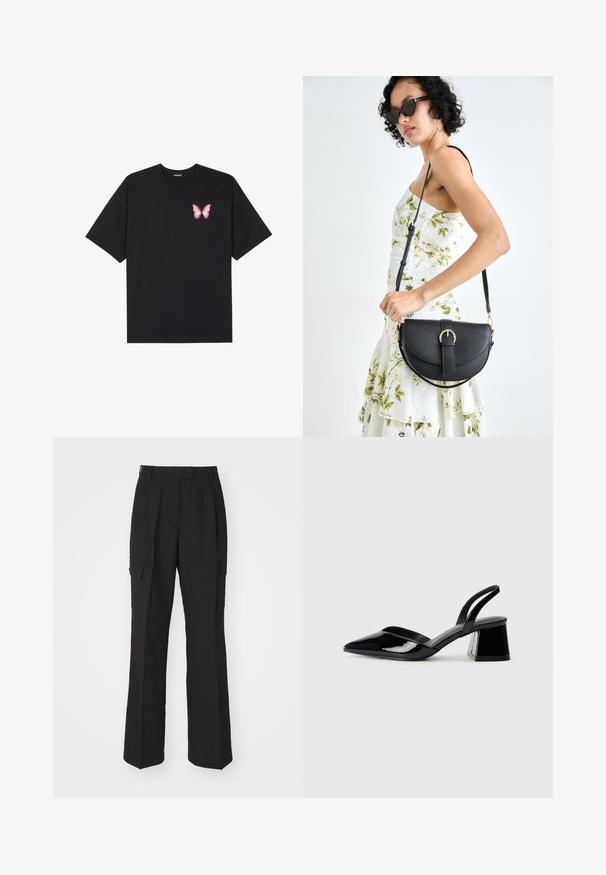 T-shirt en coton noir à manches courtes, avec un petit graphique de papillon rose sur la poitrine gauche. Modèle à col rond avec une coupe décontractée.; Pantalons cargo noirs avec une coupe droite, fabriqués dans un matériau lisse. Comprend deux poches latérales et une taille épurée.; Escarpins en cuir verni noir avec bout pointu et talon bloc géométrique. Présente un design élégant et minimaliste ainsi qu'une texture lisse.; Sac à main en cuir noir avec une forme courbée, bandoulière amovible et des accessoires en or. Le sac est doté d'un rabat avec un détail de boucle.